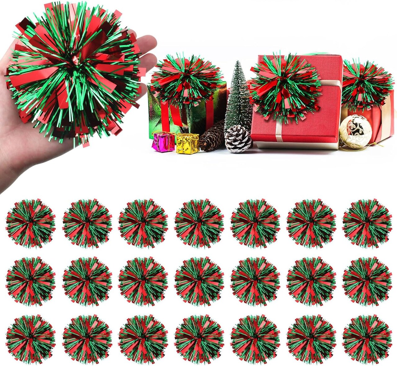 24 Pcs Christmas Tinsel Bows for Gift Wrapping 4 Inch Self Adhesive Christmas Gift Bows Toppers for Xmas Birthday Party Presents Decorations Holiday Gift Accessory(Green, Red)